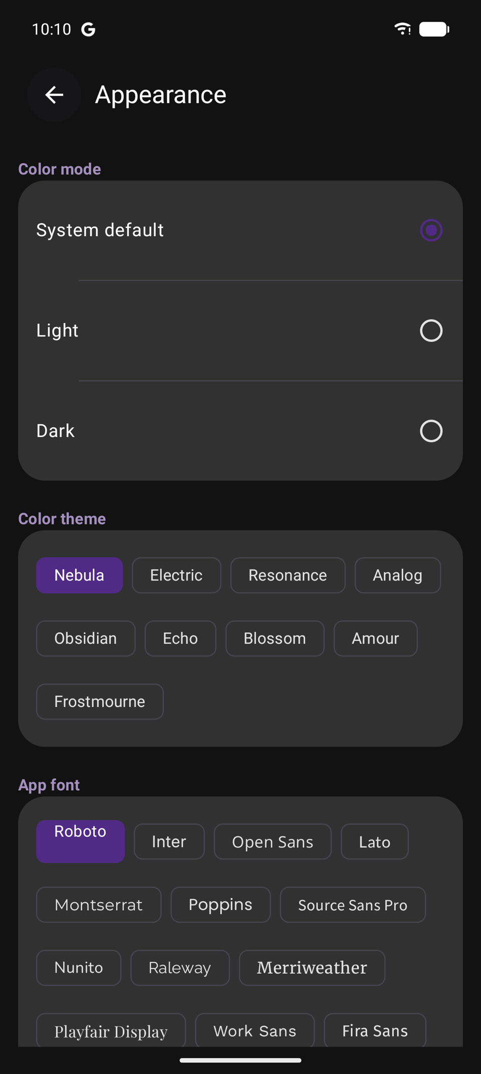 Volume Lock appearance settings with system, light, dark, and color theme choices