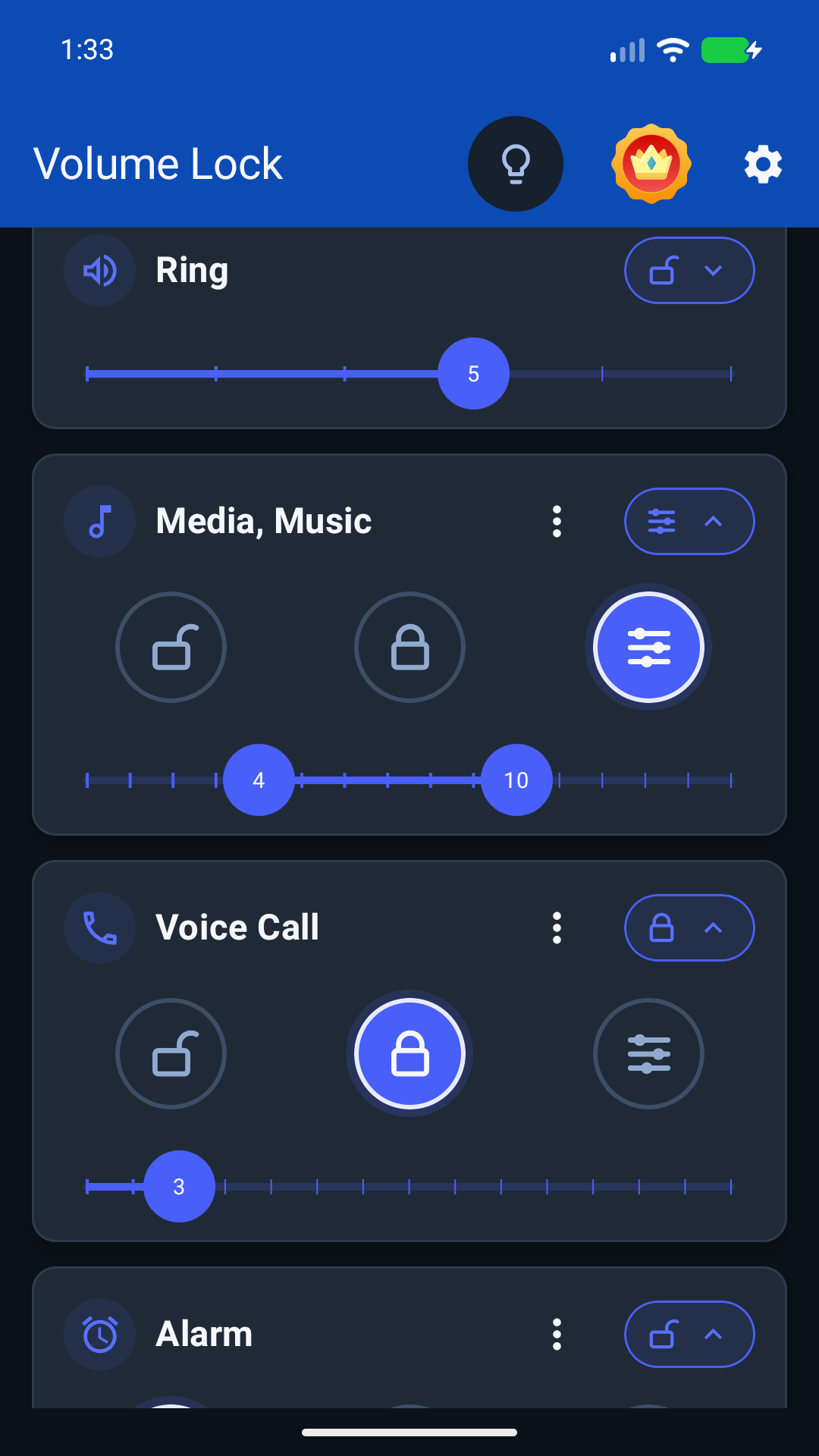 Volume Lock: Media and Music limited to a range of 4 to 10, with Voice Call locked at level 3.